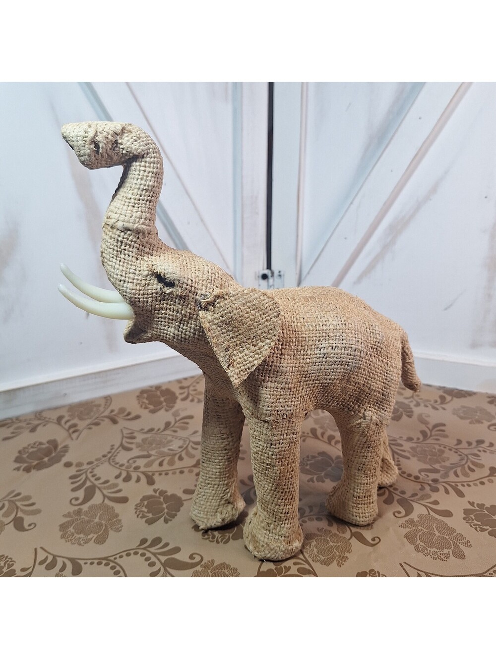 Decorative Burlap Wrapped Good Luck Elephant Figurine w/Husks 10"H X 10"L X 3"W
